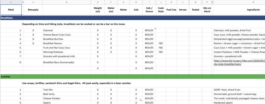 Backpacking Food List